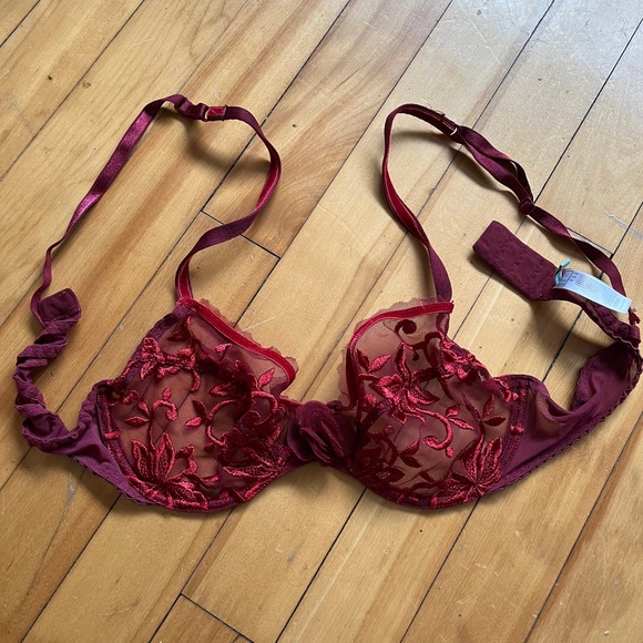 Vtg Maison Lejaby Burgundy Lace Floral Sheer Balconette Bra 34B - Picture 6 of 6